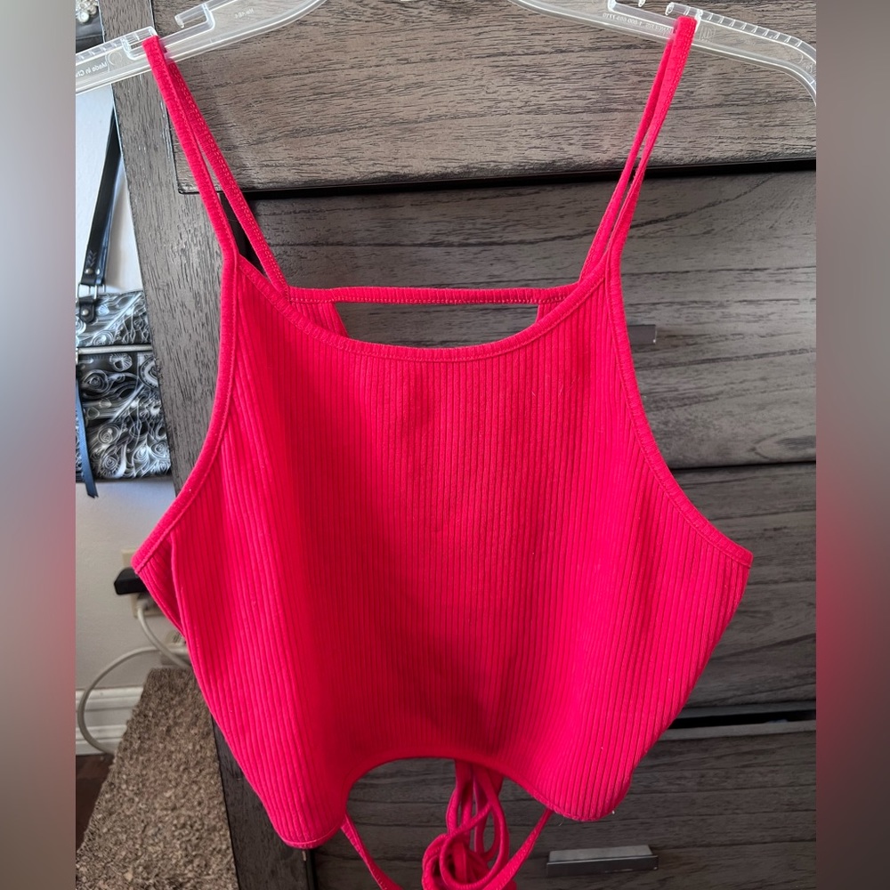 red halter crop top w/ crisscrossed open back
